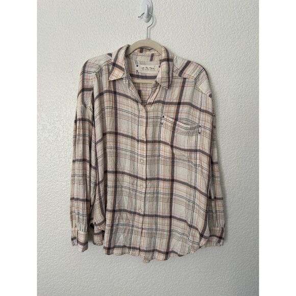 We The Free Cream Brown Plaid Flannel Button Up Short Size Small - Picture 1 of 8